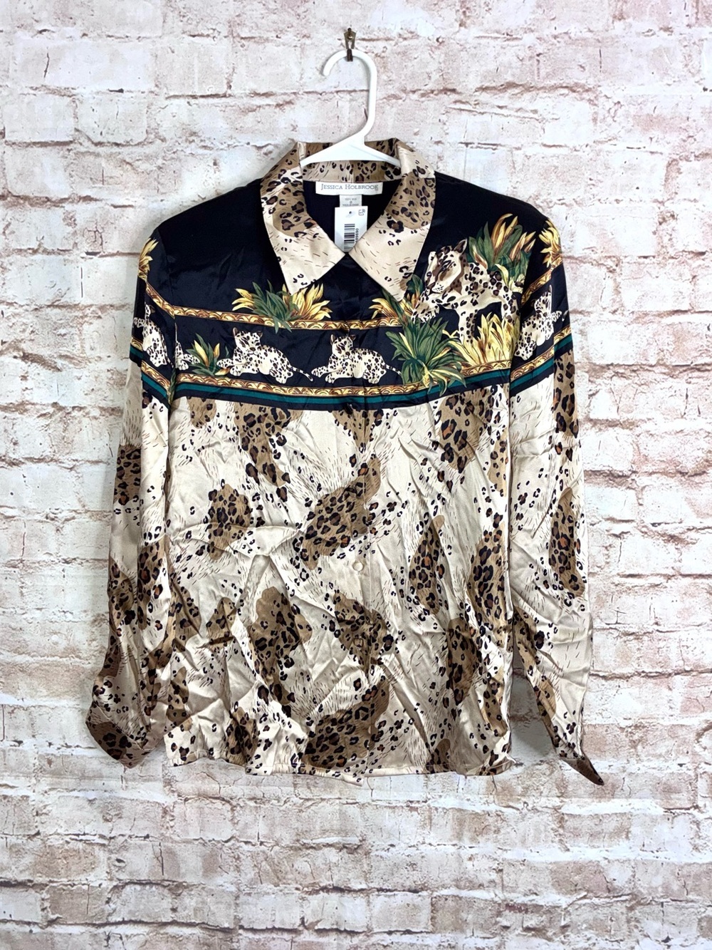 Vintage Jessica Holbrook Silk Animal Print Button Down Shirt Size 8 NEW